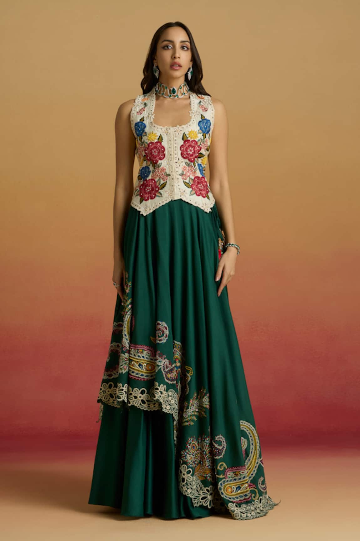 Chandrima Paisley Embroidered Layered Lehenga