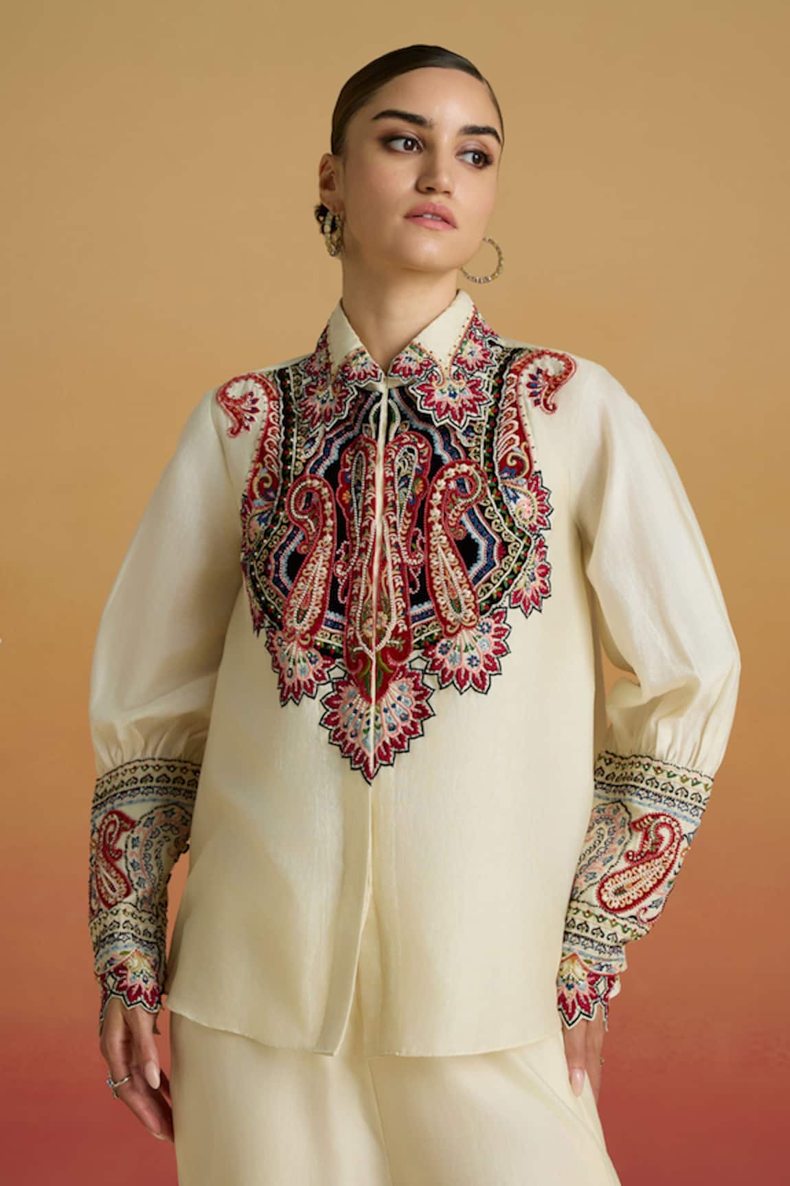 Chandrima Ivory Paisley Applique Embroidered Shirt 
