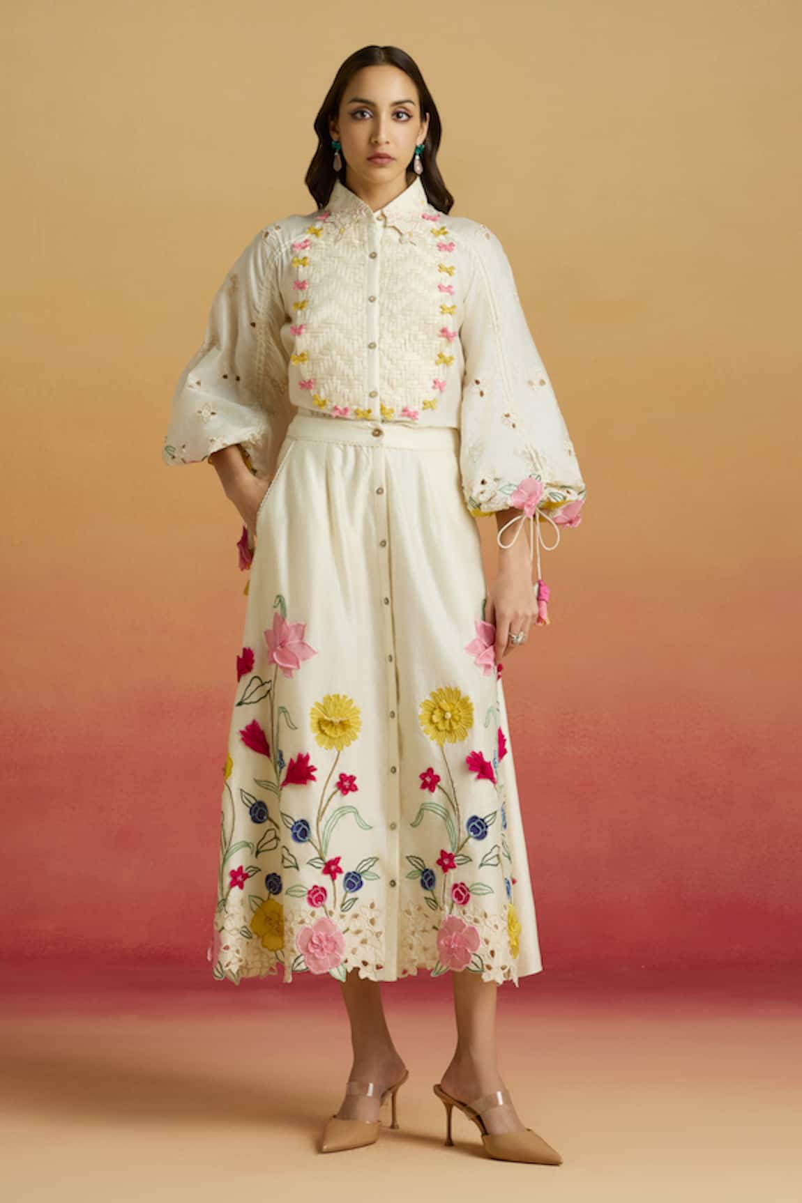 Chandrima Ivory 3D Floral Applique Skirt 