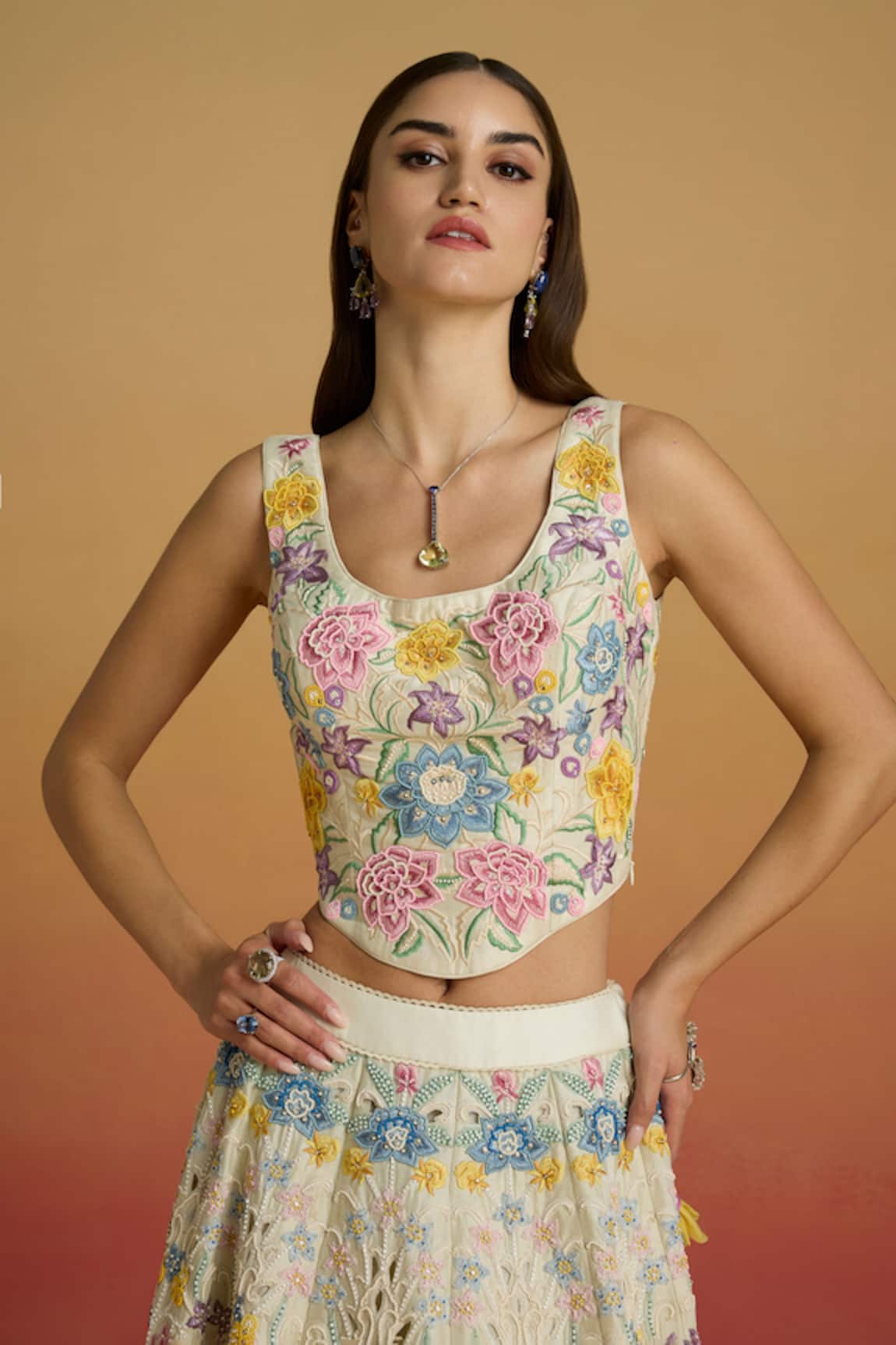 Chandrima Ivory Pastel Floral Thread Work Corset 