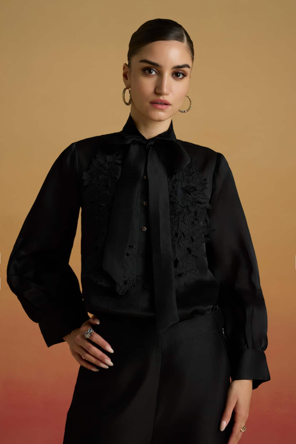 Chandrima Black Cutwork Bib Layered Shirt 
