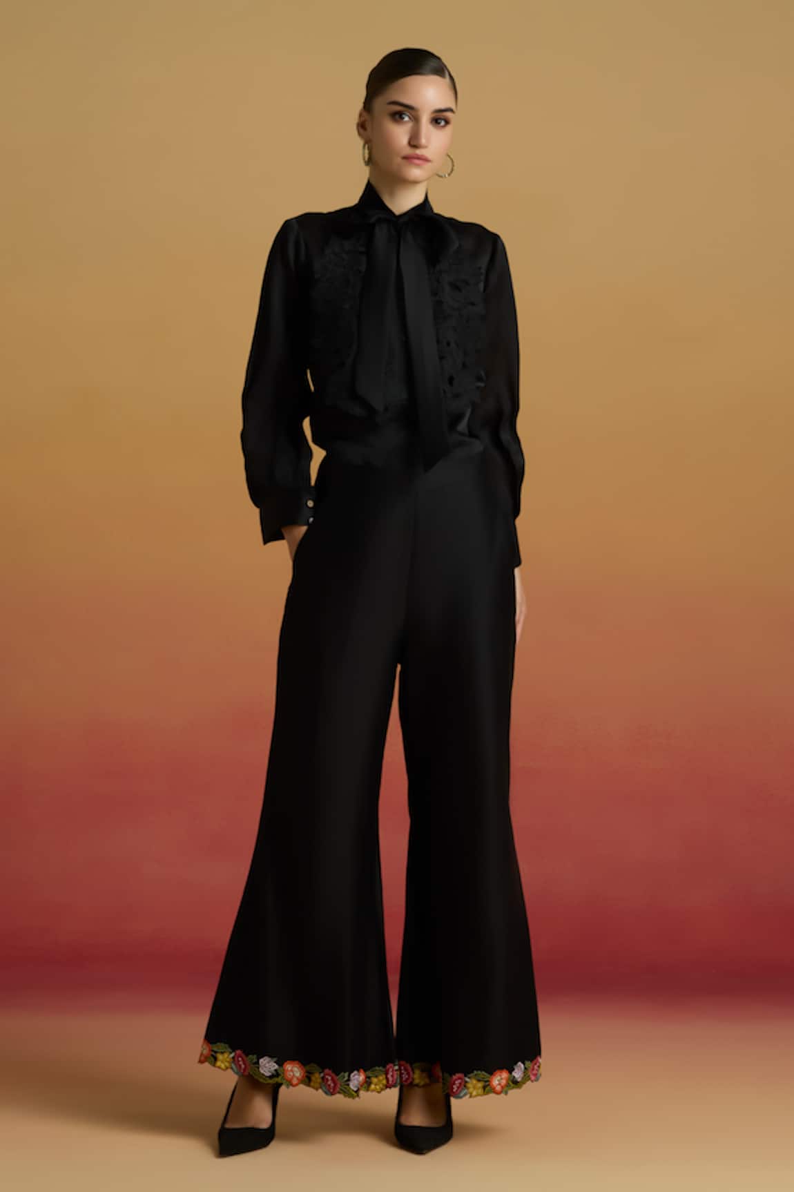 Chandrima Black Floral Embroidered Bell Bottom Pant 