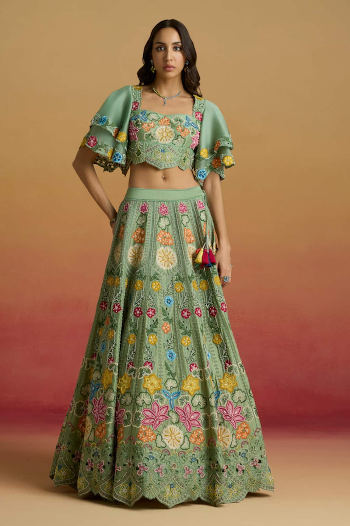 Chandrima Sage Green Floral Embroidered Lehenga