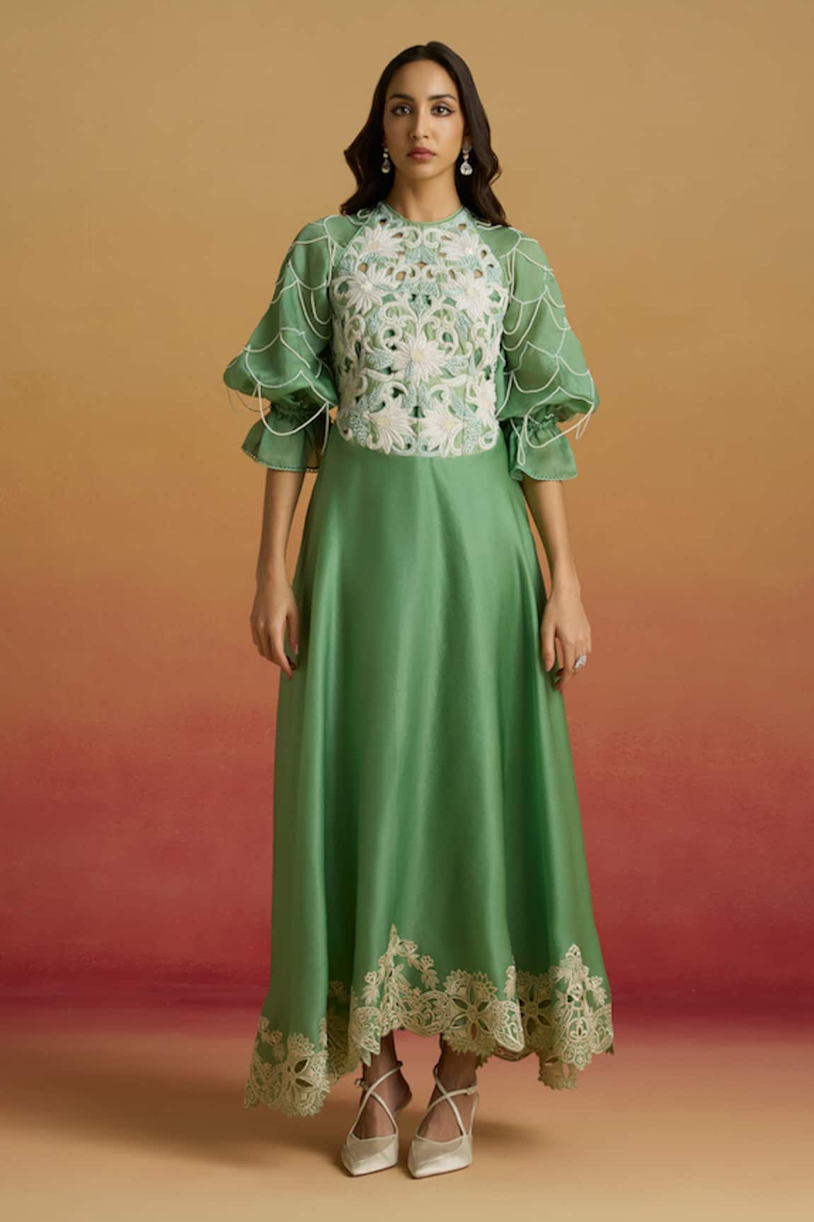 Chandrima Sage Green Contrast Embroidered Flounce Dress 