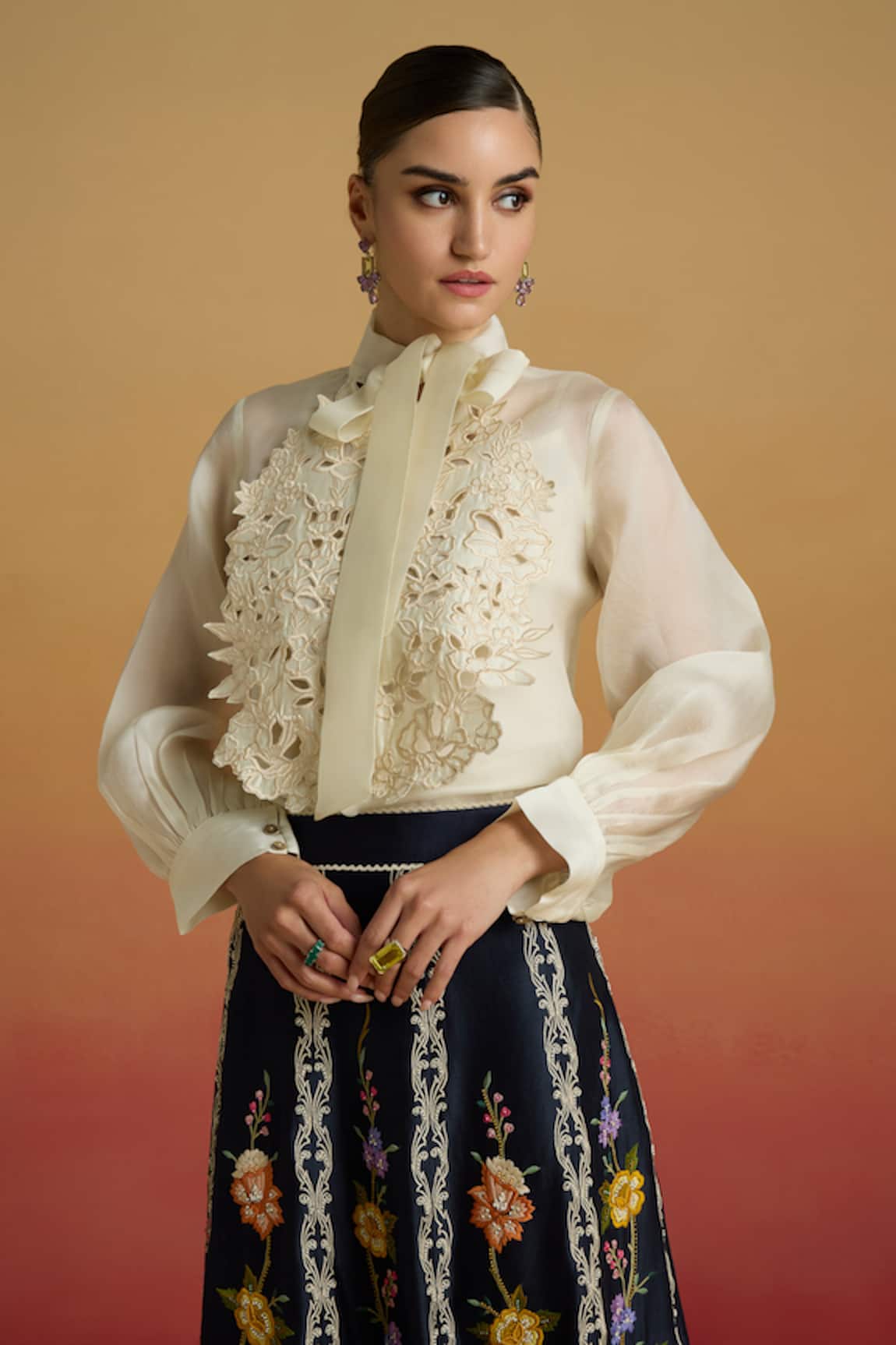 Chandrima Ivory Cutwork Bib Layered Shirt 