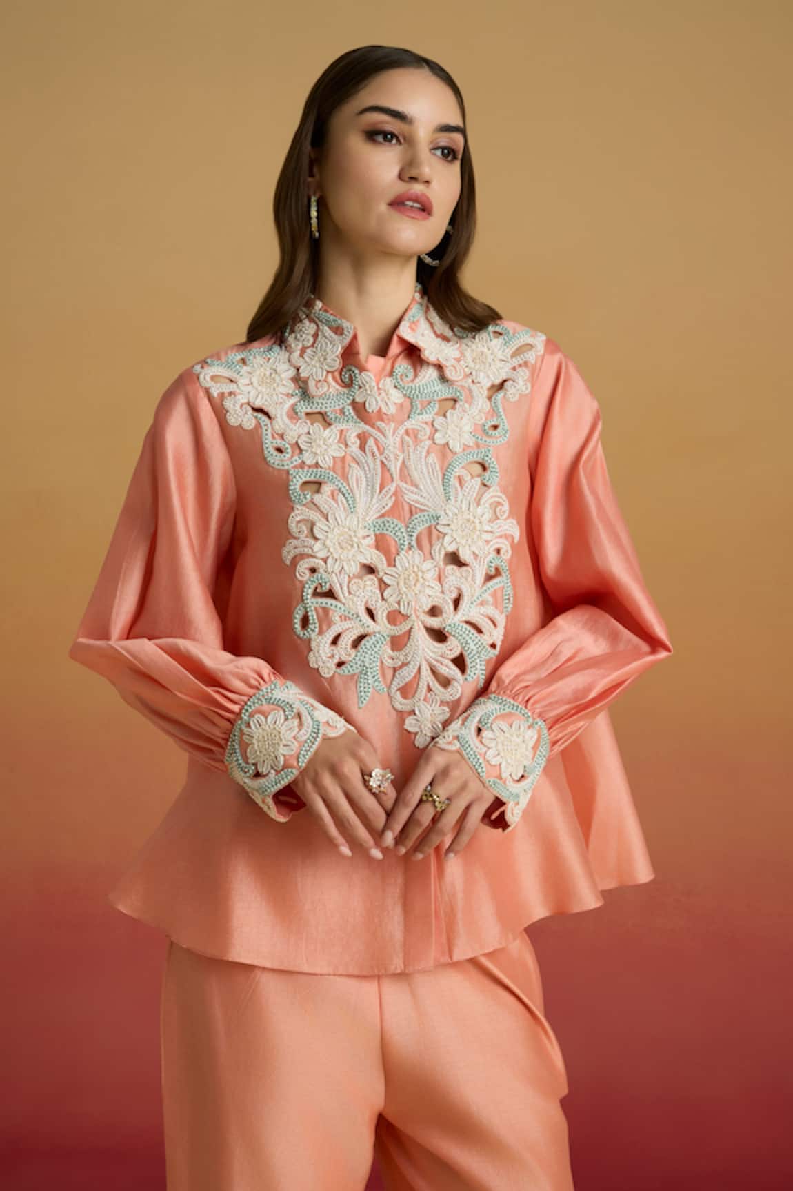 Chandrima Apricot Contrast Cord Work Shirt 