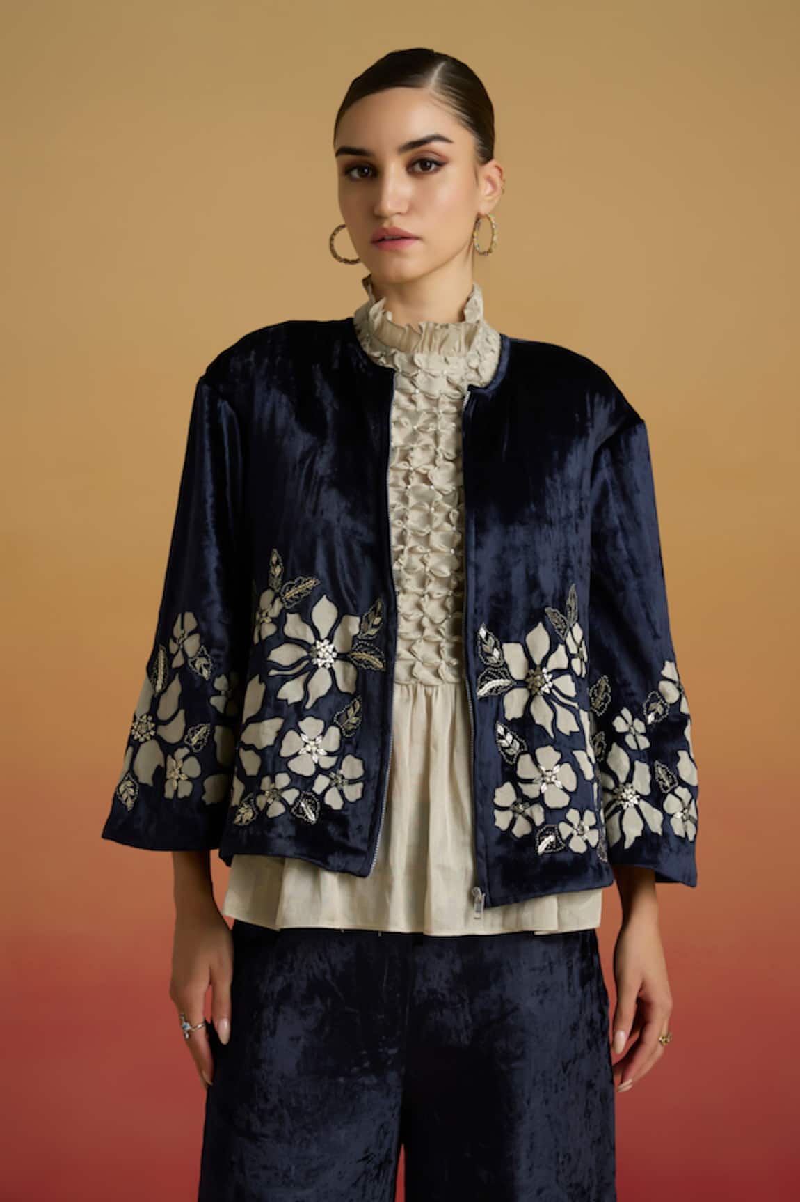 Chandrima Contrast  Silver Applique Work Short Jacket 