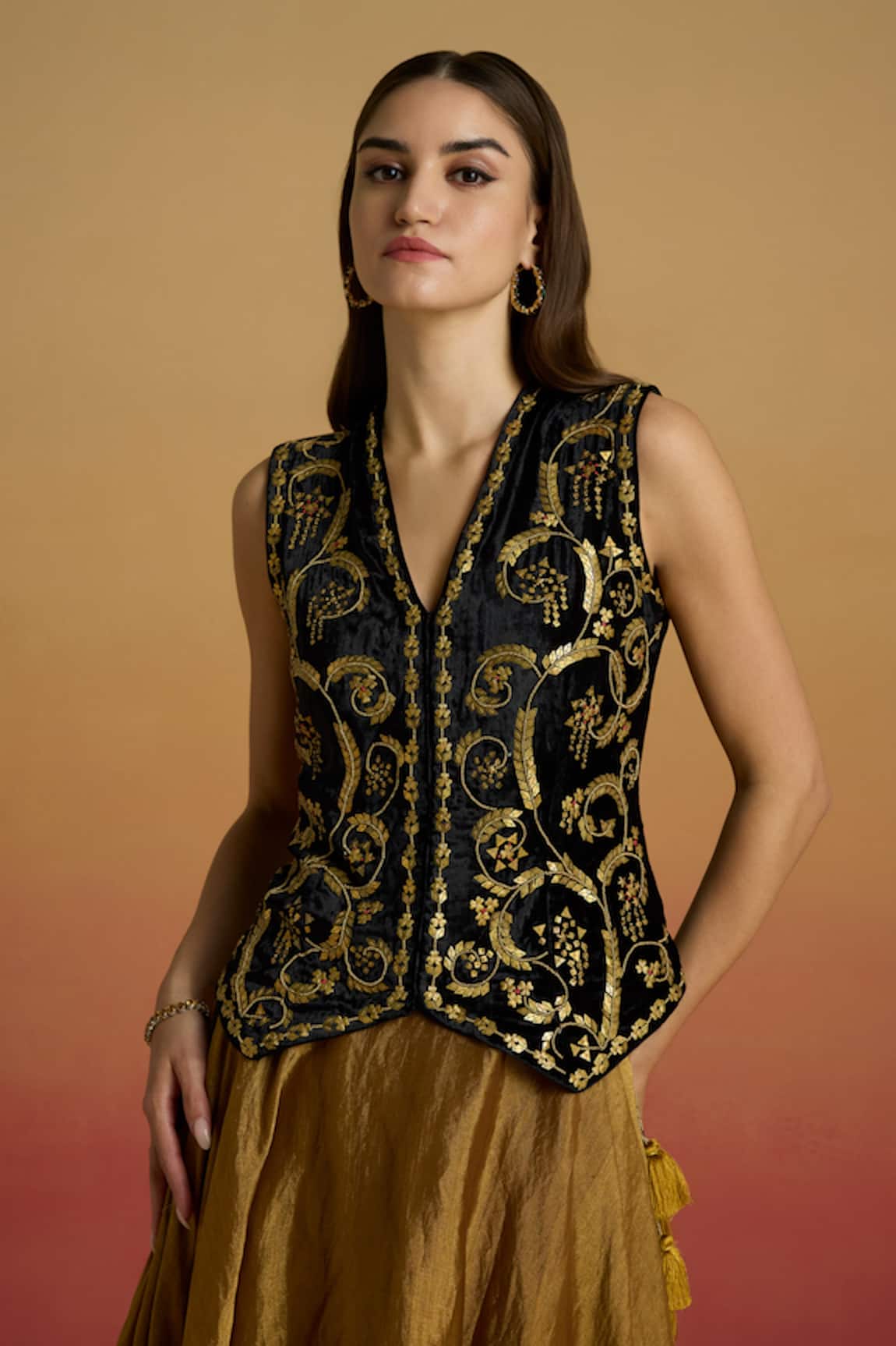 Chandrima Black And Gold Embellished Waistcoat 