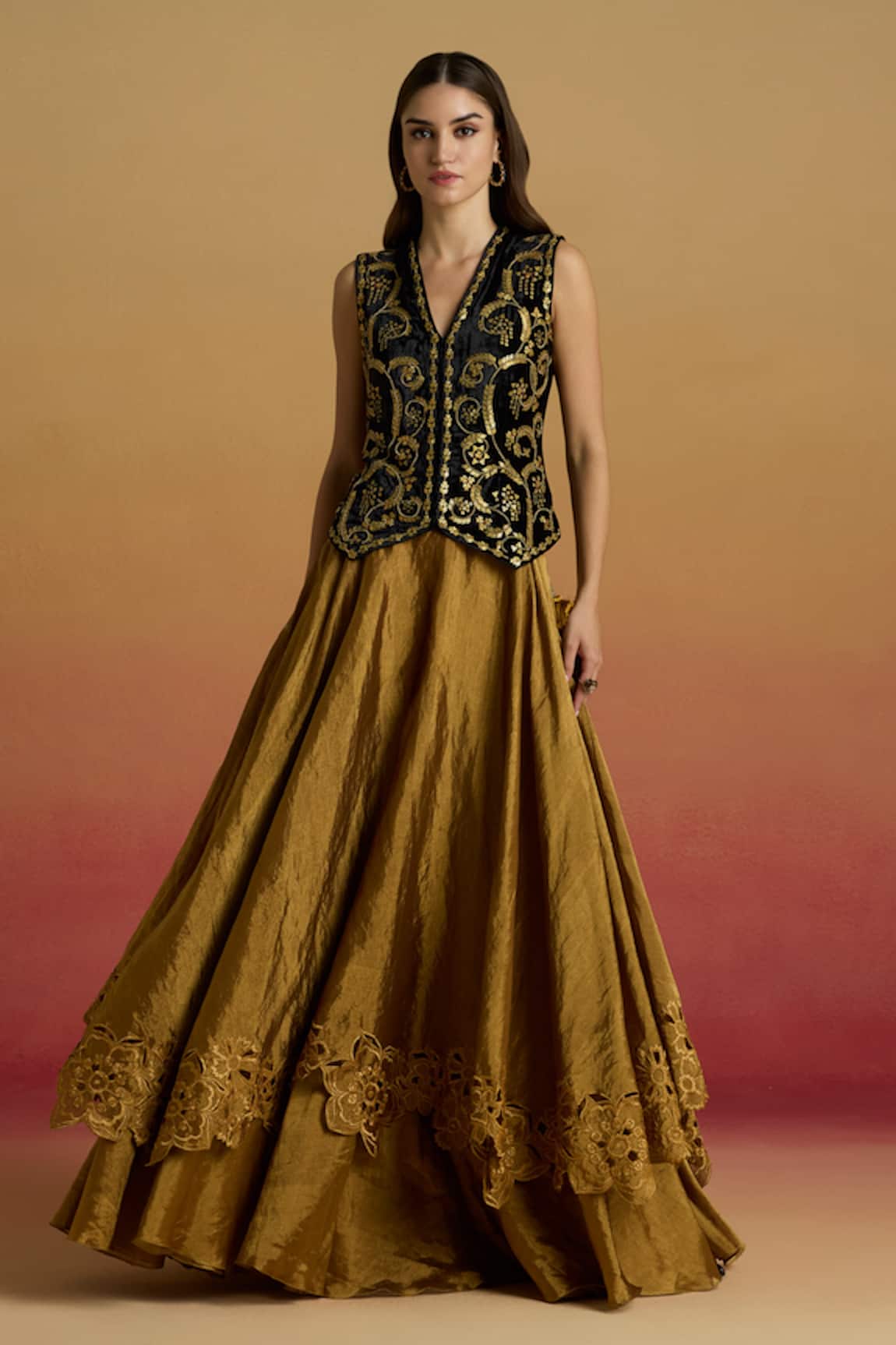 Chandrima Gold Cutwork Layered Lehenga