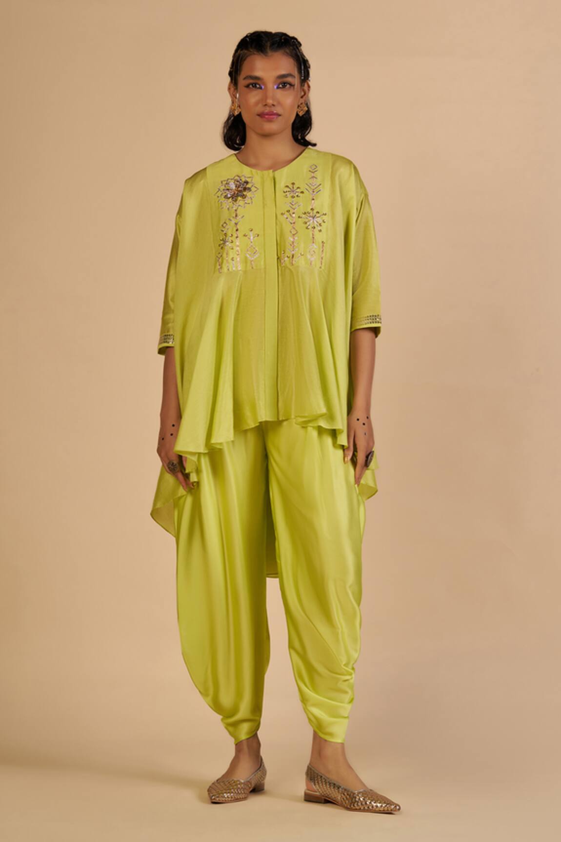 Gulabo By Abu Sandeep Chanderi Embroidered Asymmetric Top & Draped Pant
