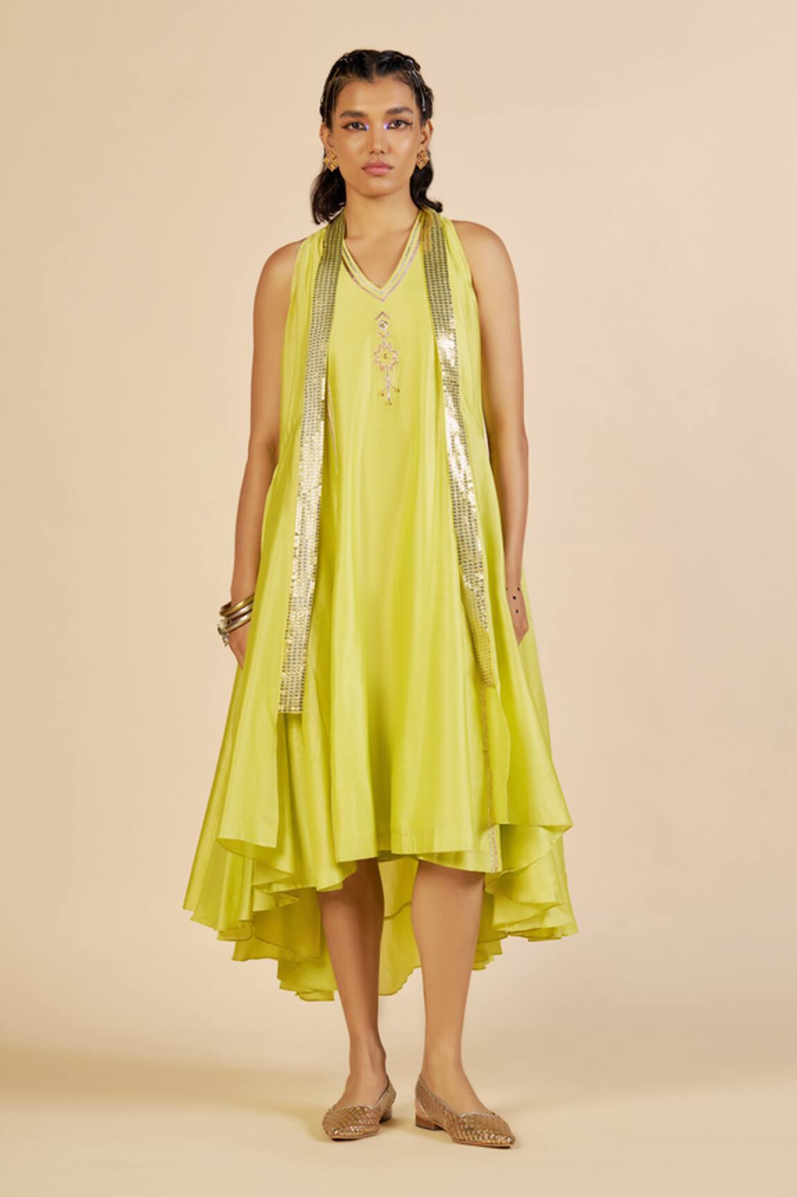 Gulabo By Abu Sandeep Chanderi Embroidered Tiered Midi Dress