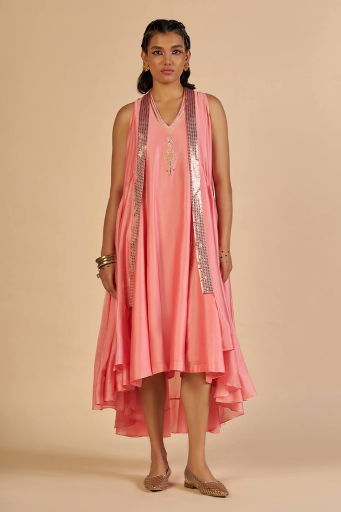 Gulabo By Abu Sandeep Chanderi Embroidered Midi Dress With Sequin Detail