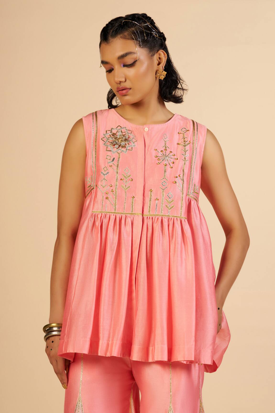 Gulabo By Abu Sandeep Chanderi Embroidered Gathered Tunic