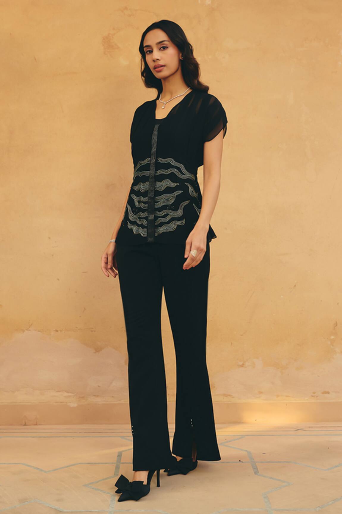 Maenaam Marisa Wavy Embroidered Top & Flared Pant Set