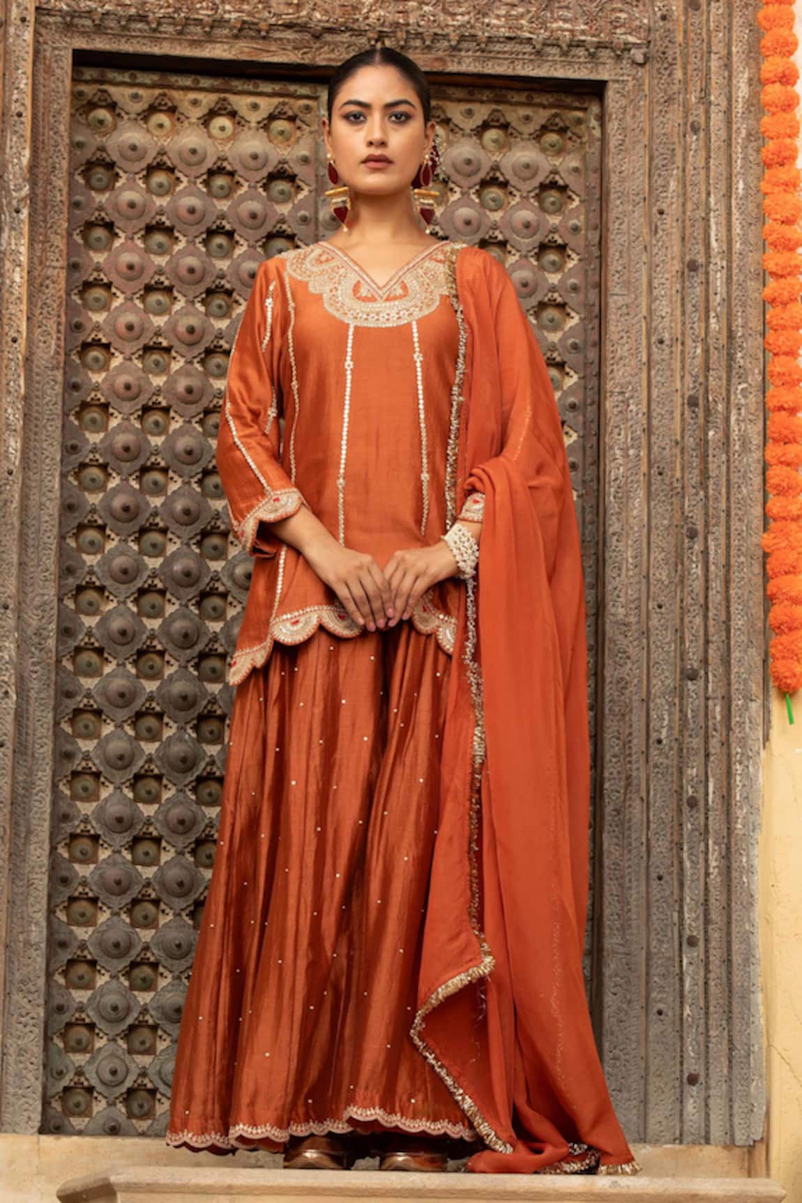 Amoree by Shikha Chaudhry Embroidered Scalloped Kurta Sharara Set 