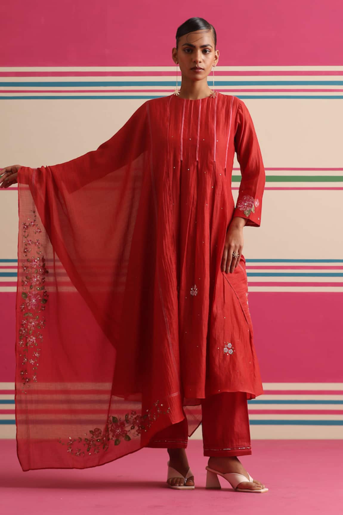 Beige Chanderi Box Pleated Kurta Set 