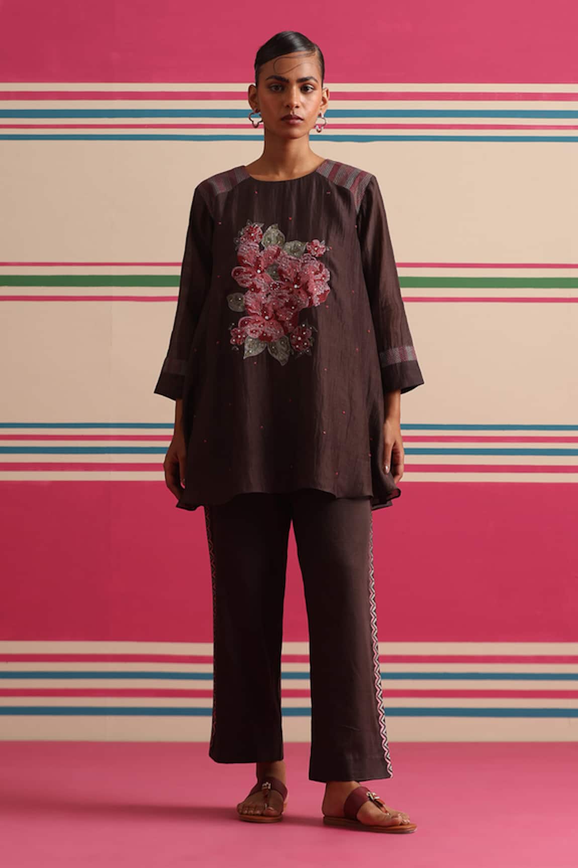 Beige Floral Embroidered Kurta & Pant Set 