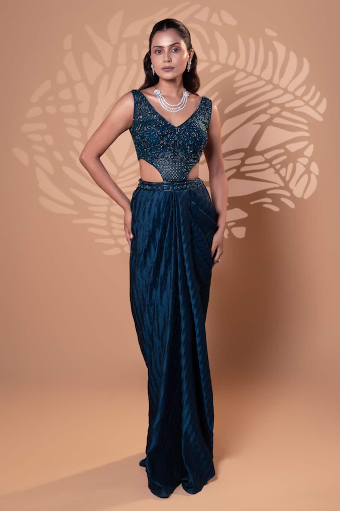 Jiya by Veer Design Studio Teal Blue Satin Draped Gown 