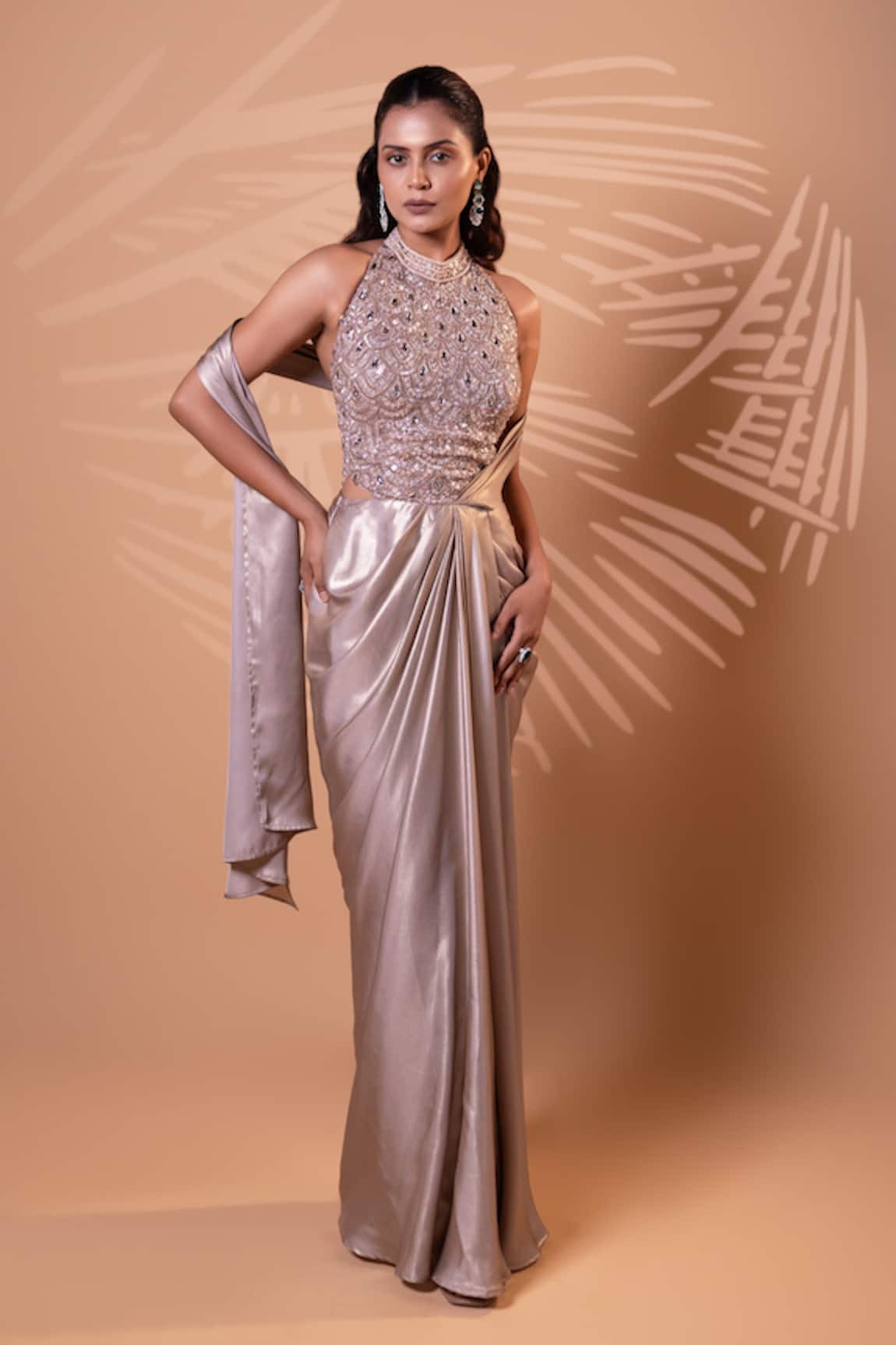 Jiya by Veer Design Studio Champagne Luxe Draped Saree Gown 