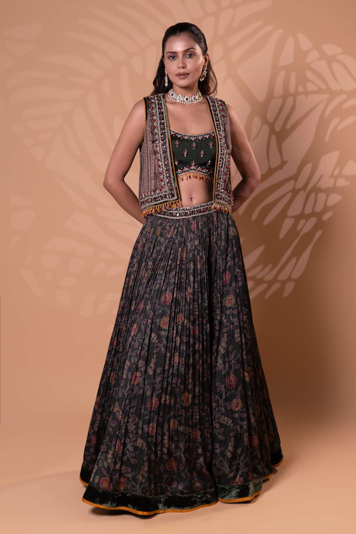 Jiya by Veer Design Studio Olive Green Printed Jacket Lehenga Set 