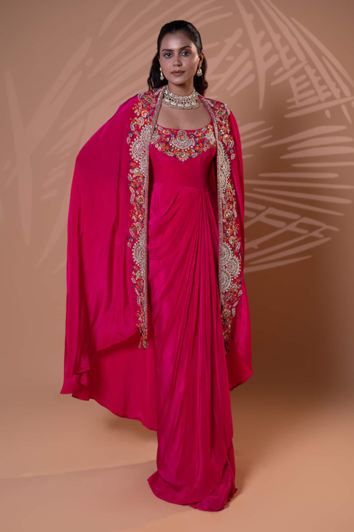 Jiya by Veer Design Studio Rani Pink Embroidered Gown With Cape 