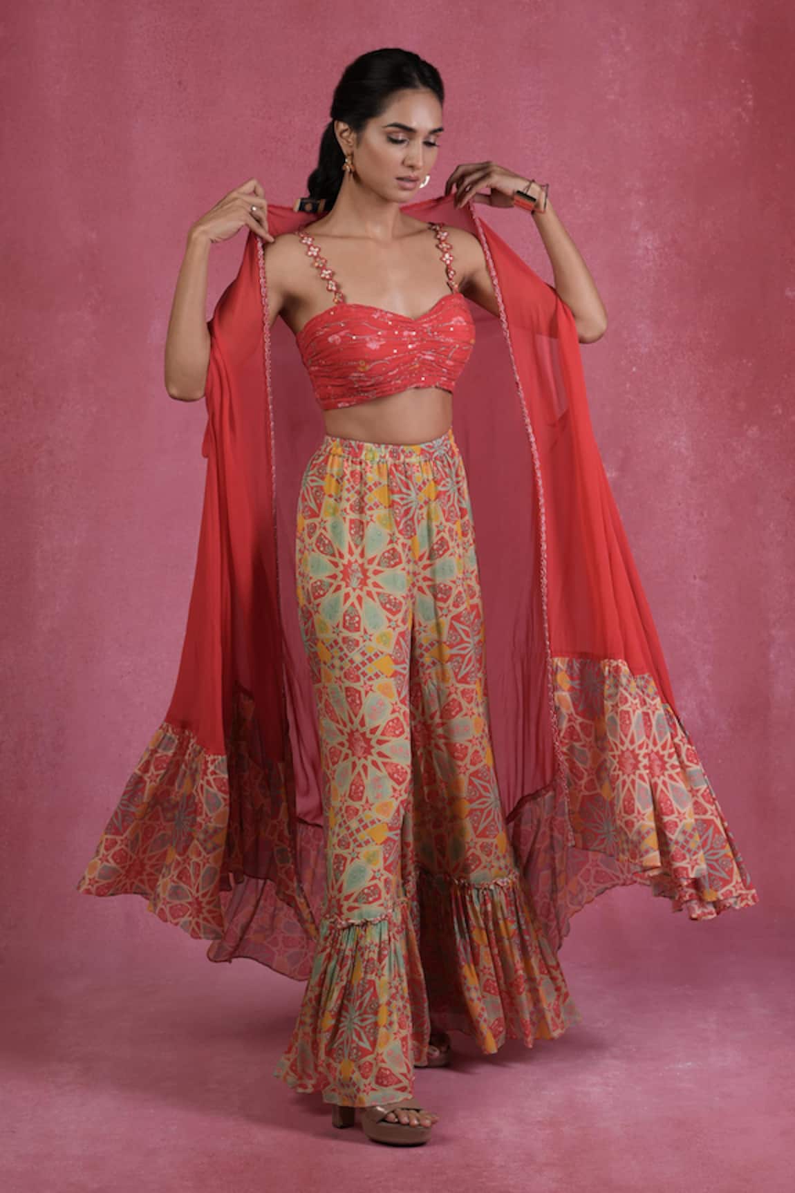 Sandhya Shah Placement Print Cape & Sharara Set 