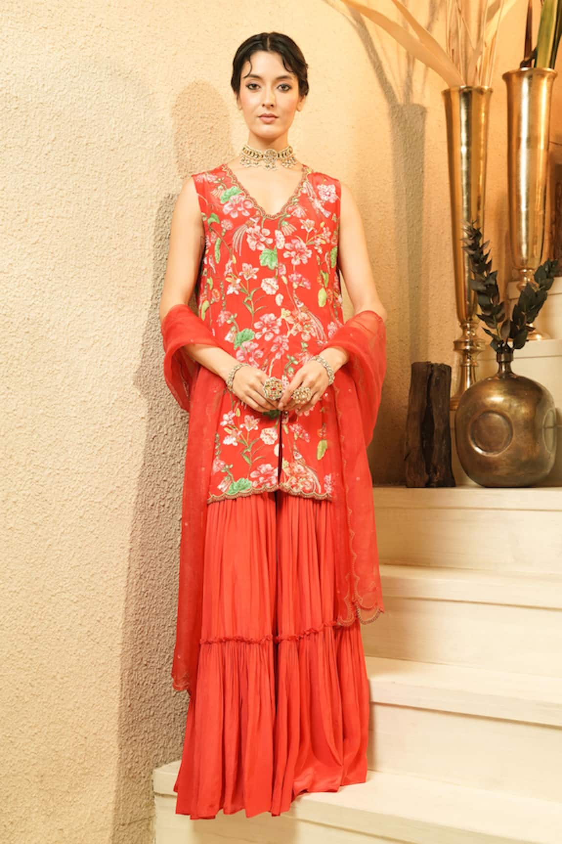 Surabhi Arya Floral Embroidered Jacket Style Kurta Sharara Set 