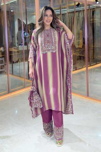 Surkh Syahi Striped Mirror Work Kaftan & Pant Set 