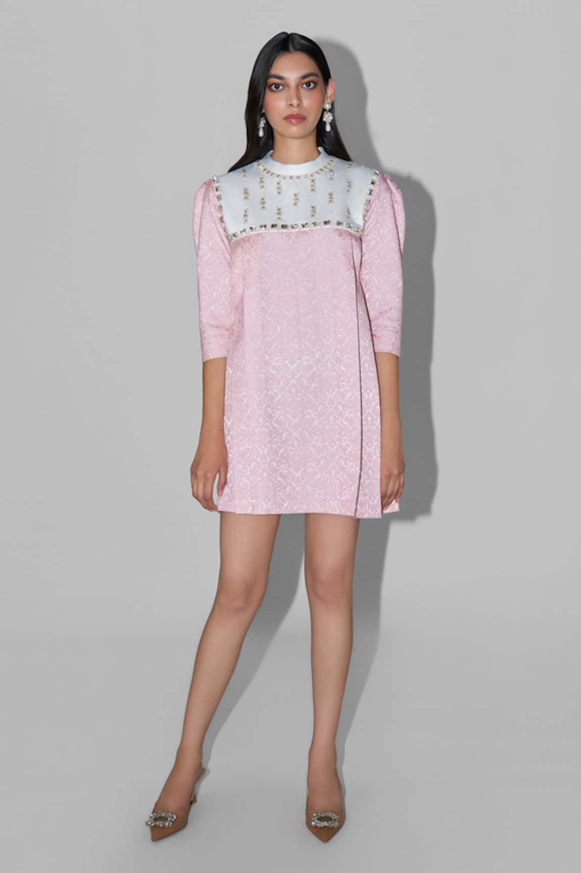 Therealb Pink Jacquard Embellished Short Dress 