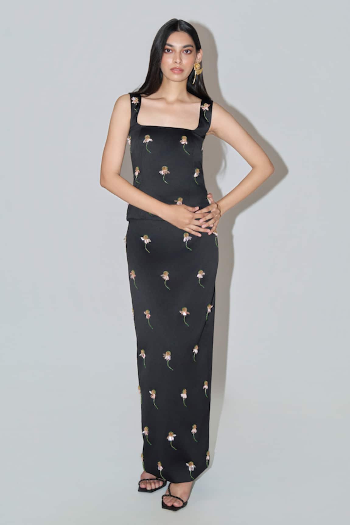 Therealb Black Hand-Embellished Top With Skirt 