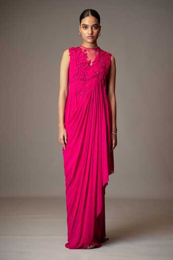 Vivek Patel 3D Floral Embellished Draped Gown 