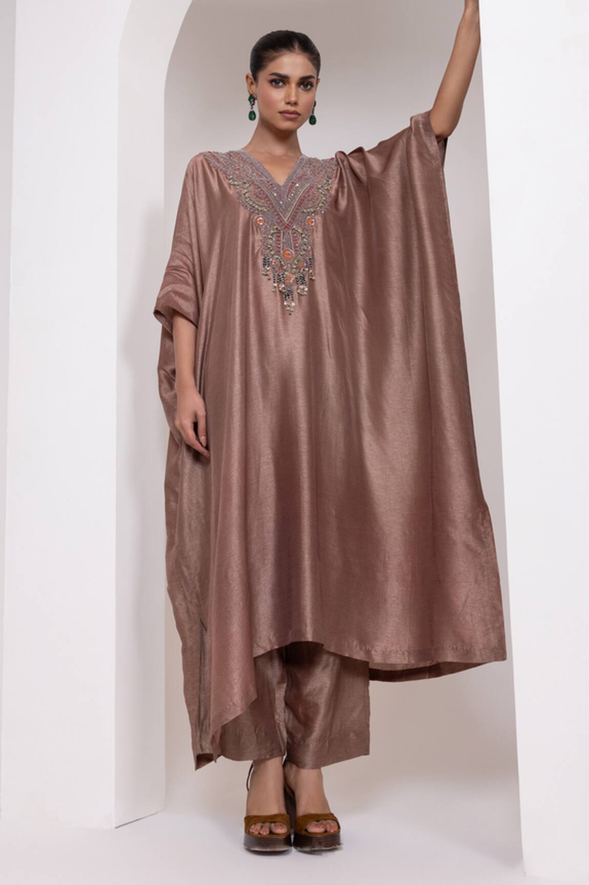 Oshi By Shikha Silk Embroidered Kaftan & Pant Set