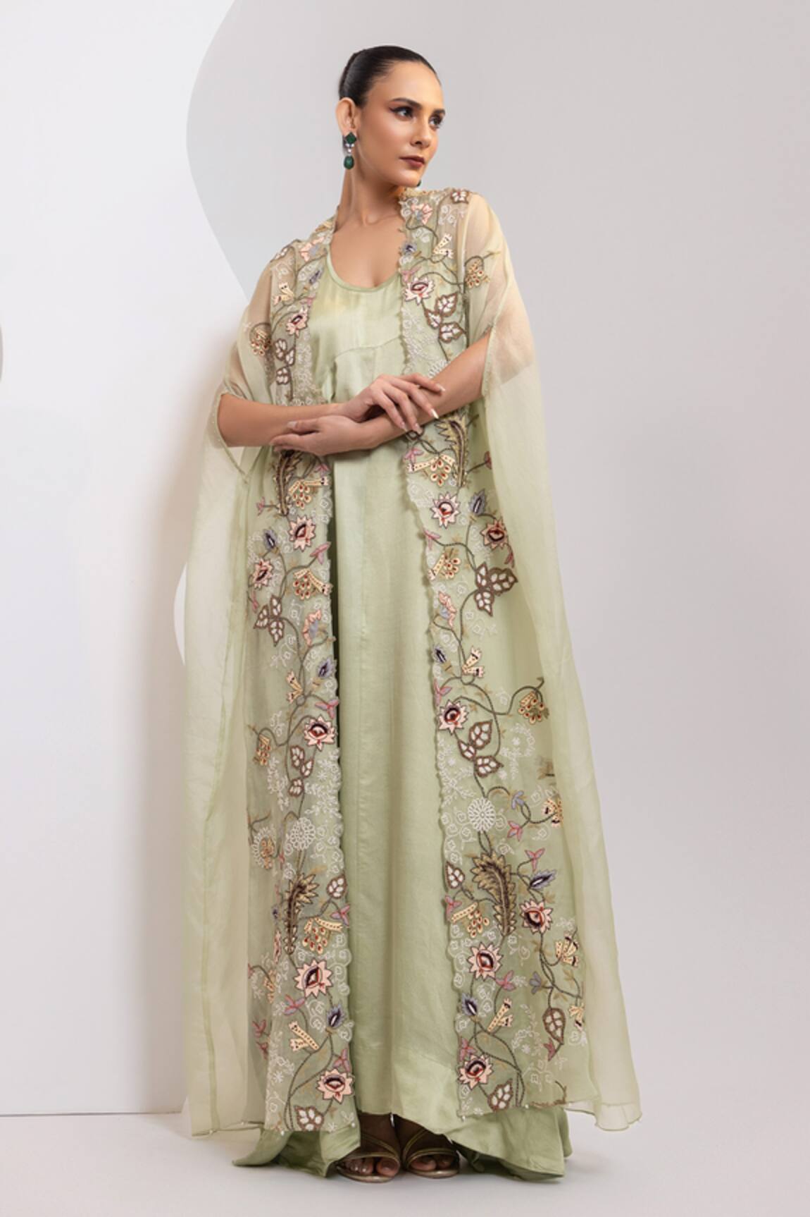 Oshi By Shikha Racer Back Dress With Embridered Cape