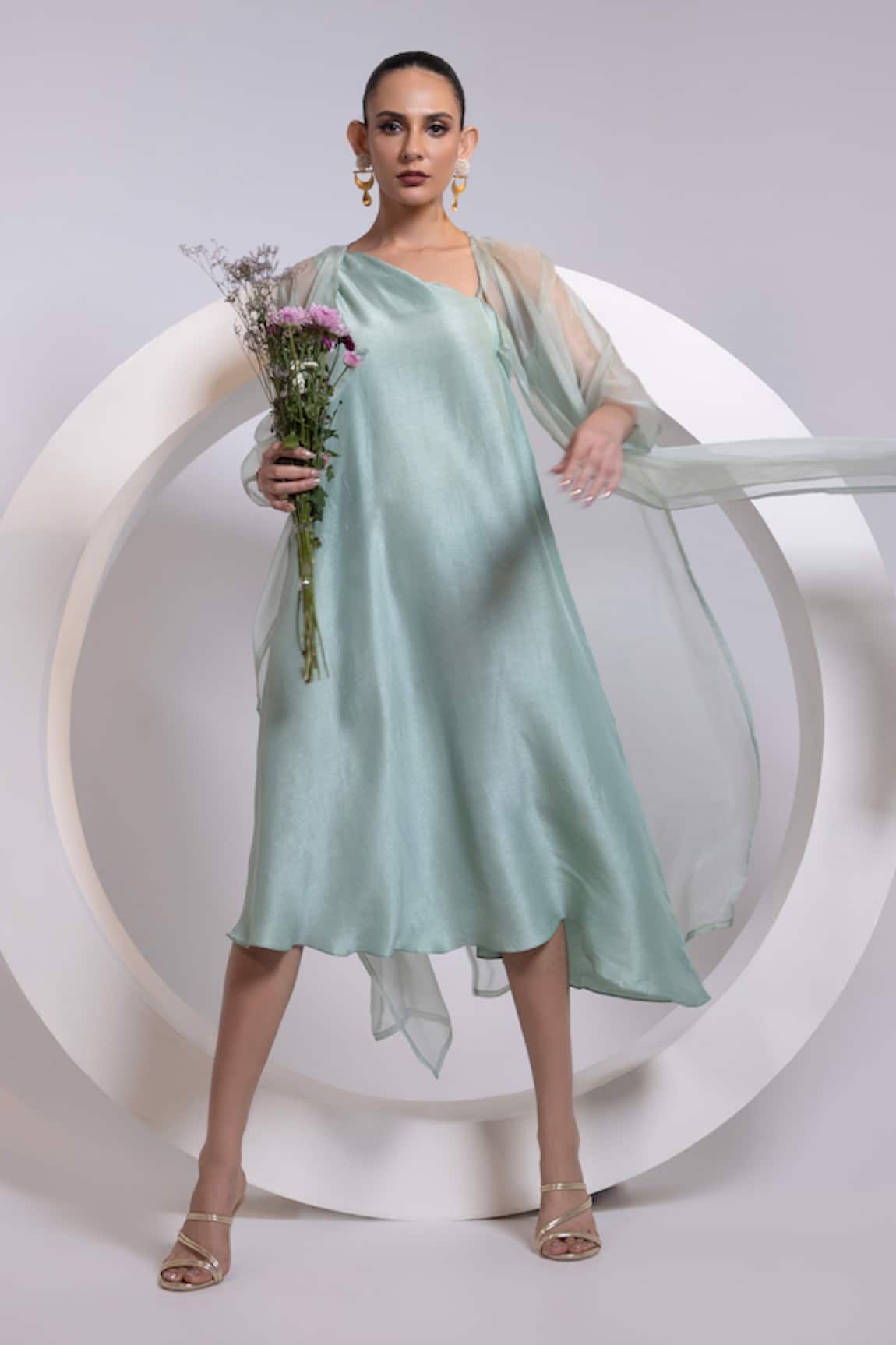 Oshi By Shikha One Shoulder Dress & Sheer Jacket Set