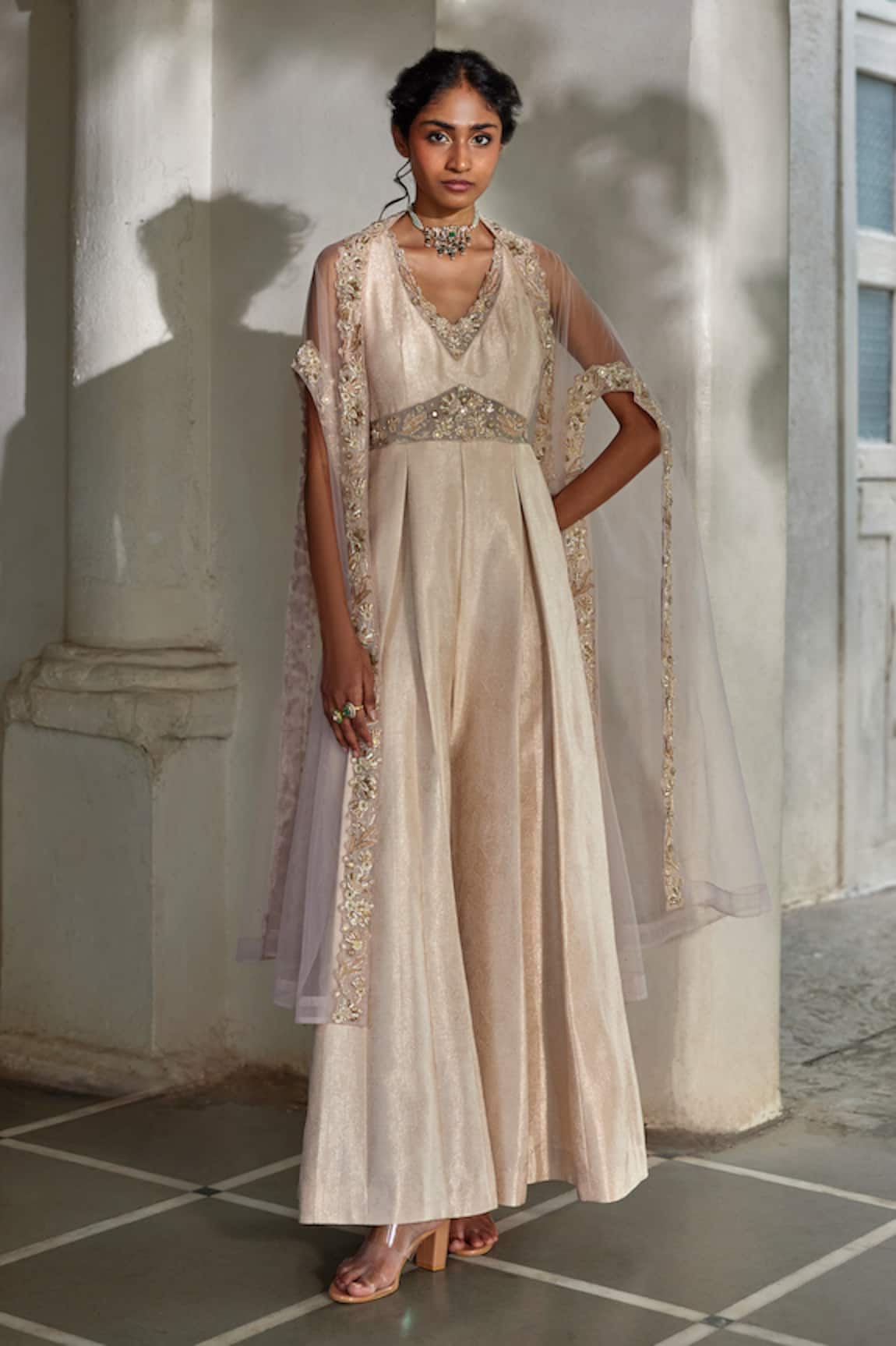 Paulmi And Harsh Flower Woven Jumpsuit With Cape 