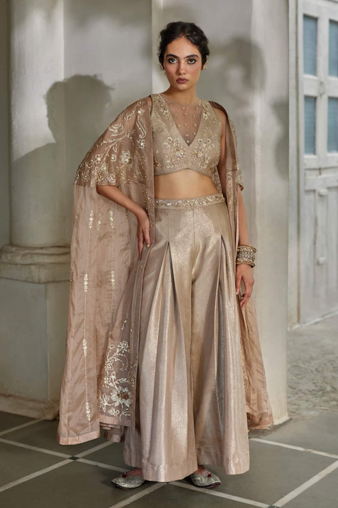 Paulmi And Harsh Embroidered Cape Palazzo Set 