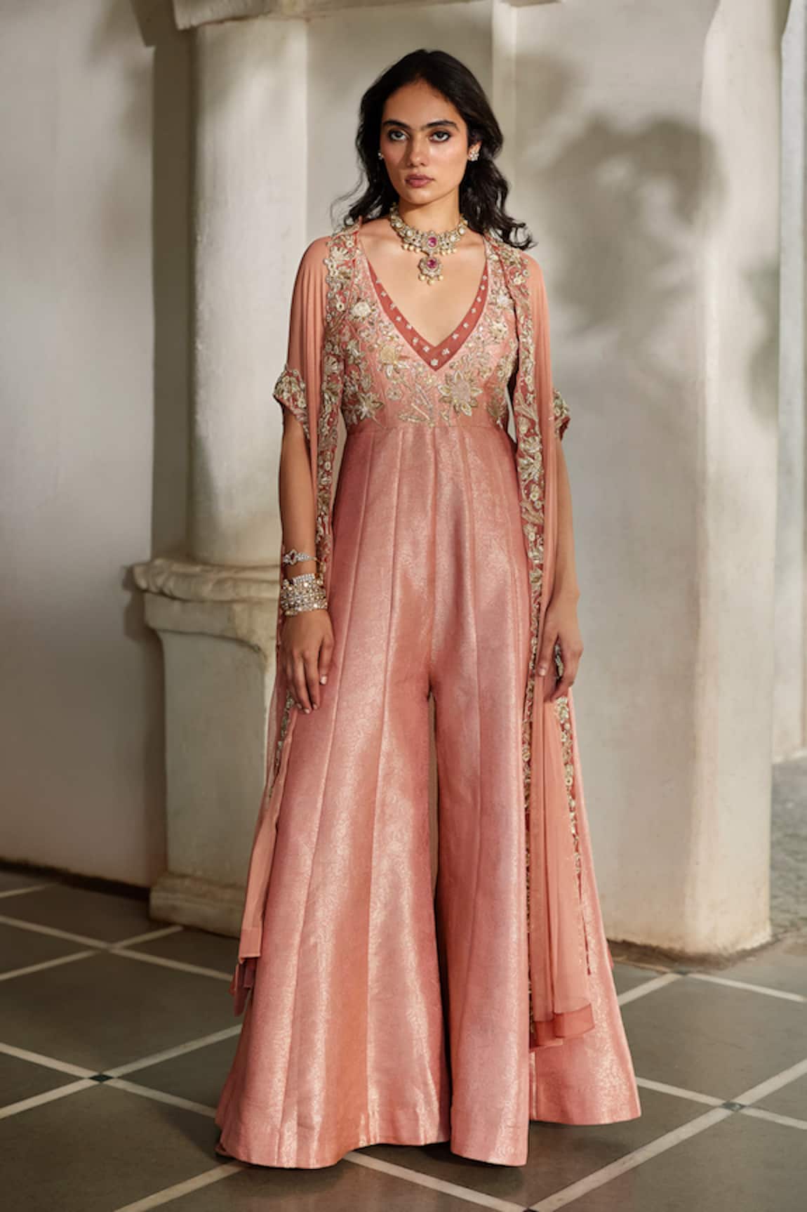 Paulmi And Harsh Zardozi Embroidered Jumpsuit With Cape 