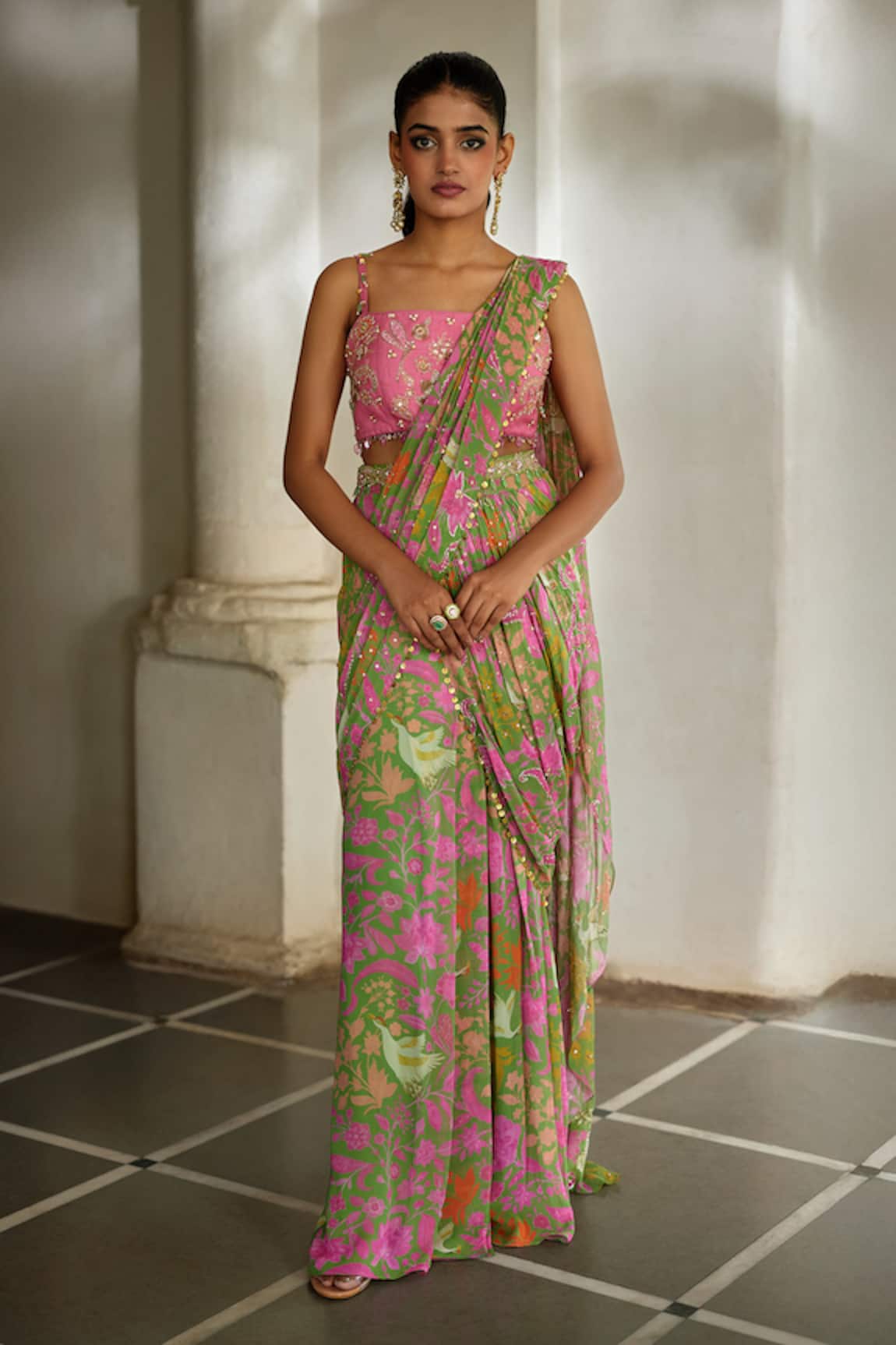 Paulmi And Harsh Floral Print Pre-Draped Saree With Blouse 
