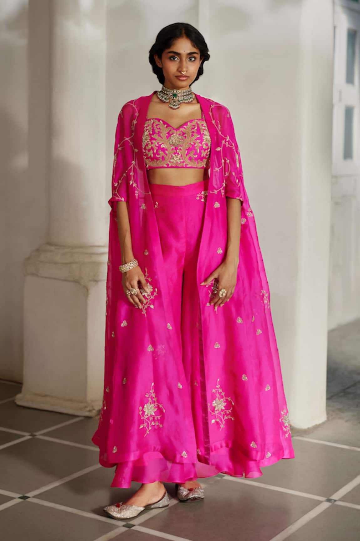 Paulmi And Harsh Floral Embroidered Cape Palazzo Set 