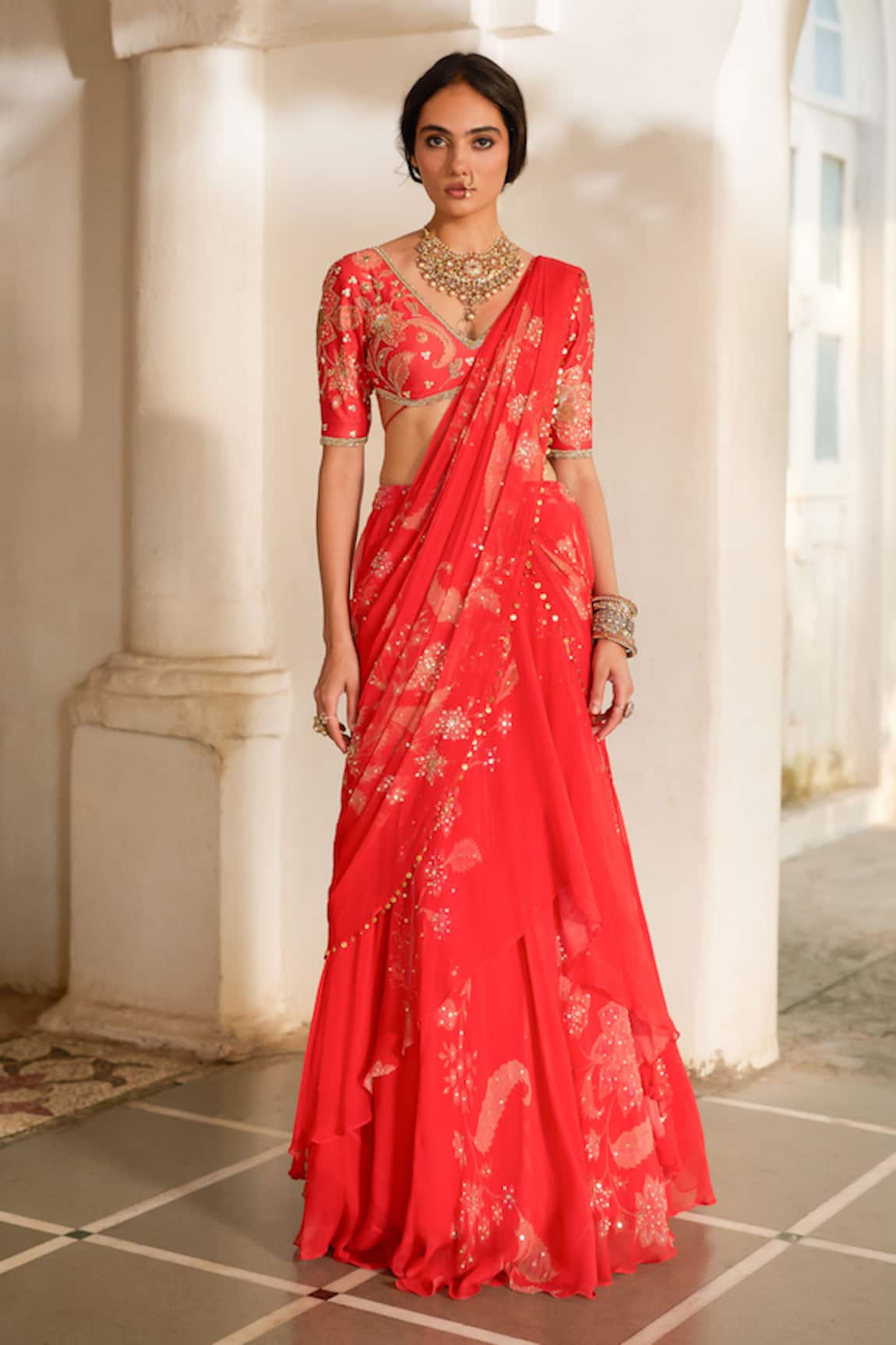 Paulmi And Harsh Flower Print Pre-Draped Saree With Blouse 