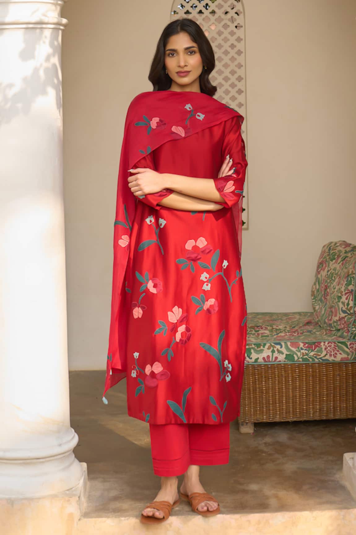 Vaayu Cherry Red Applique Kurta Set 