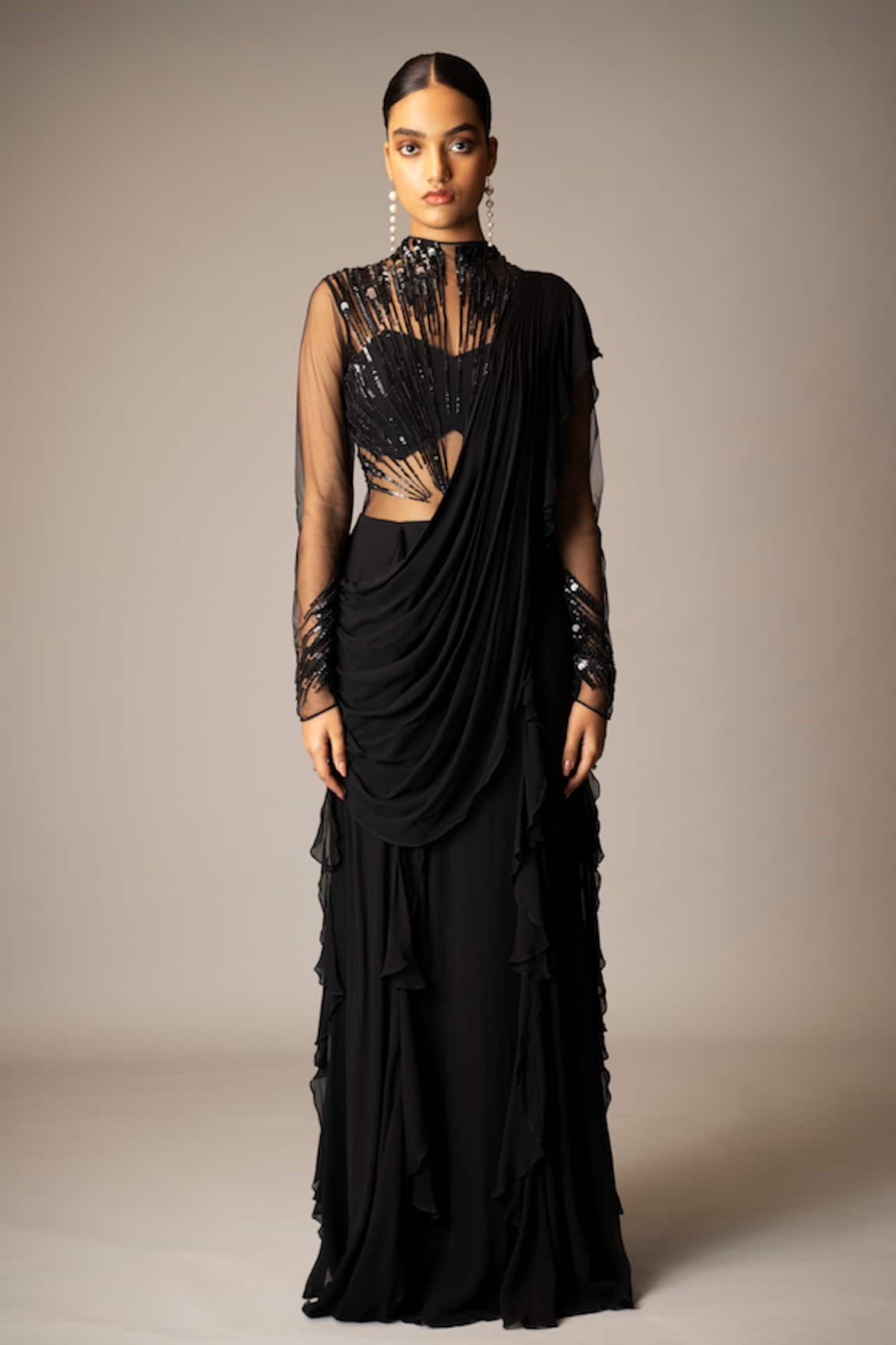 Vivek Patel Black Embellished Ruffle Saree Gown 
