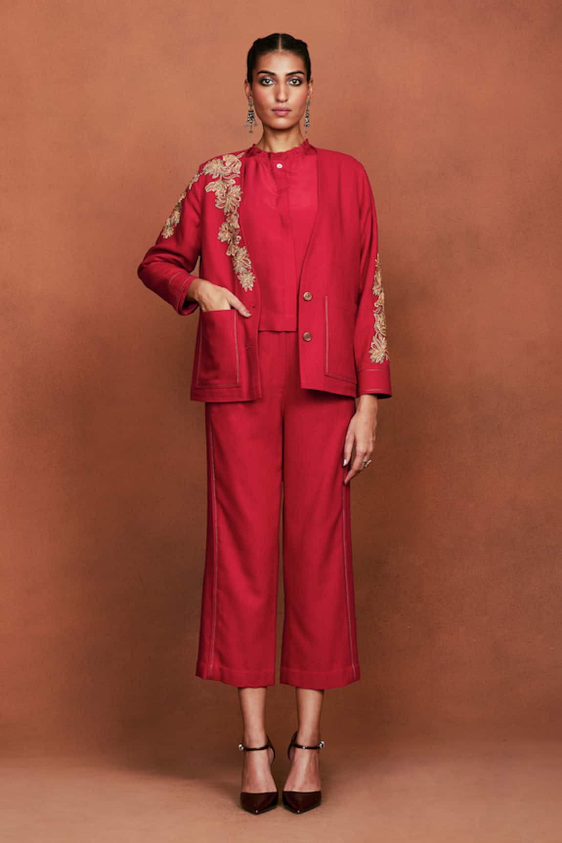 Sue Mue Omi Floral Embroidered Jacket & Pant Set 