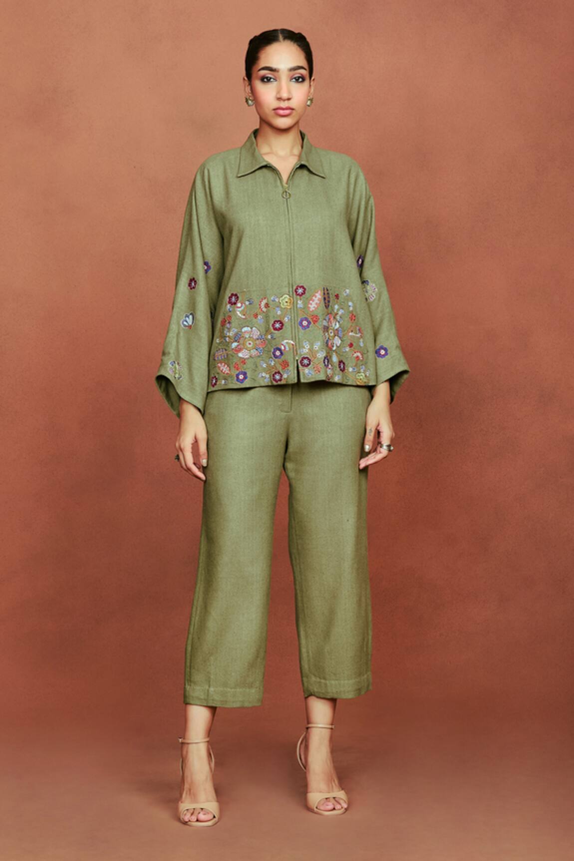 Sue Mue Jin Floral Embroidered Shirt & Pant Set 