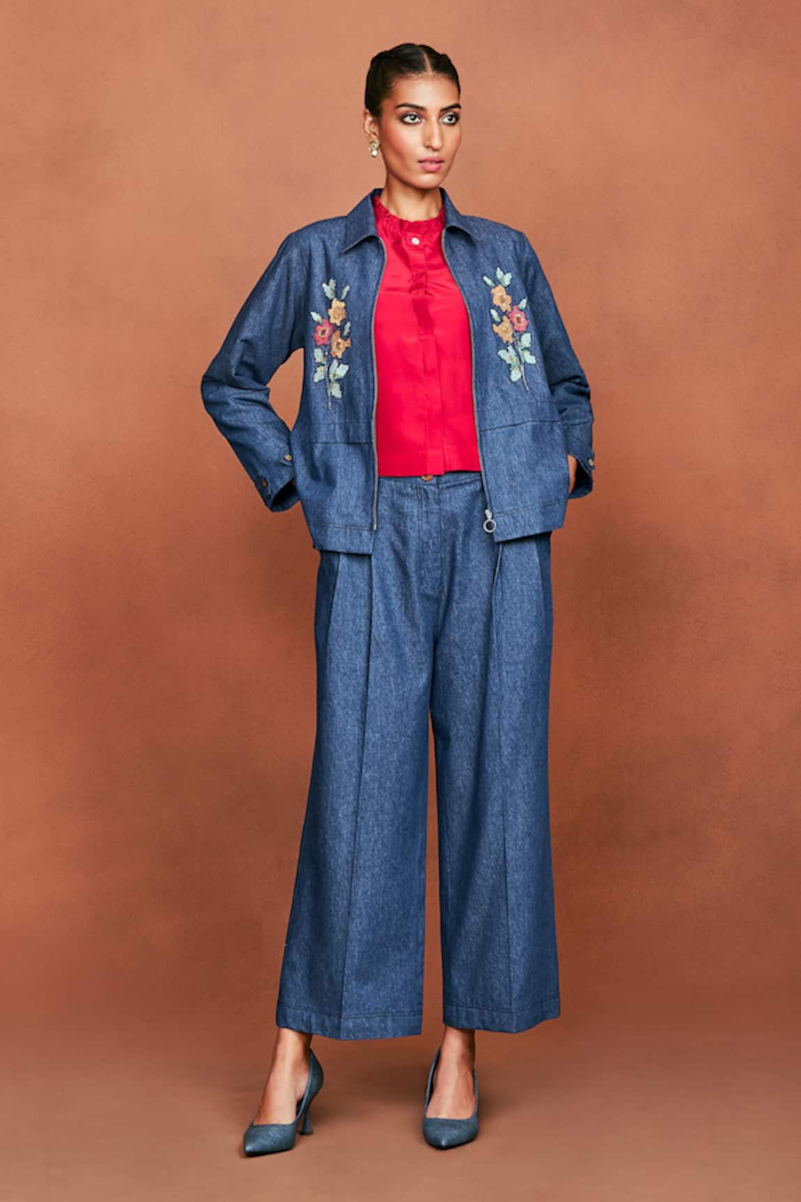 Sue Mue Ori Floral Embroidered Denim Shirt & Pant Set 