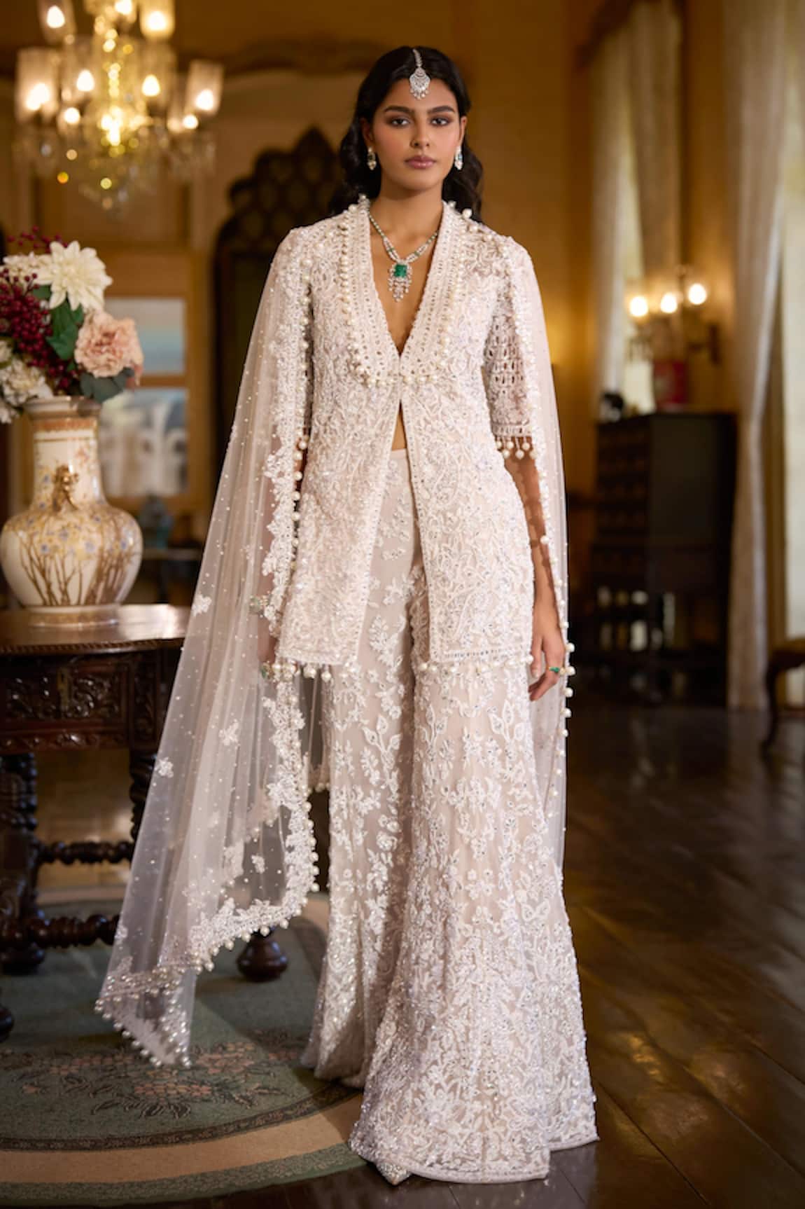 Seema Gujral White Sequin Embroidered Jacket Sharara Set 