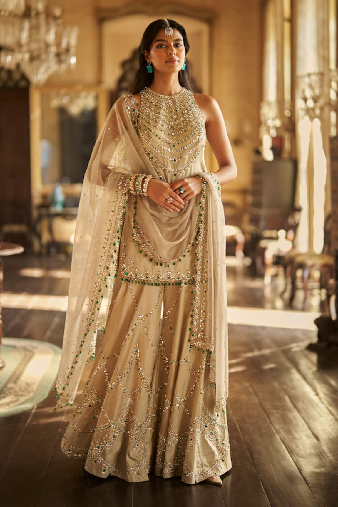Seema Gujral Champagne Emerald Crystal Embroidered Sharara Set 