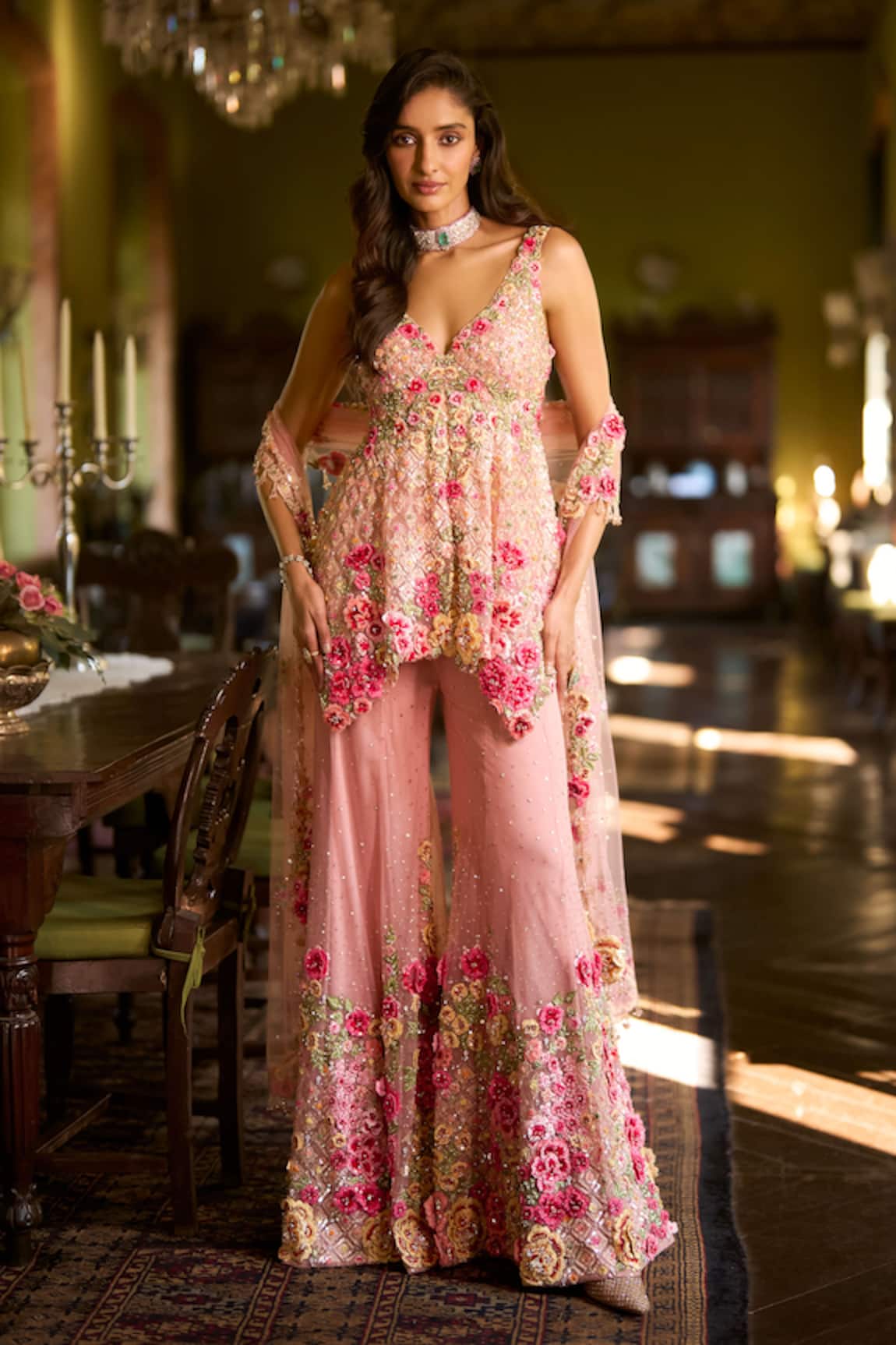 Seema Gujral Pink Three-Dimensional Embroidered Sharara Set 