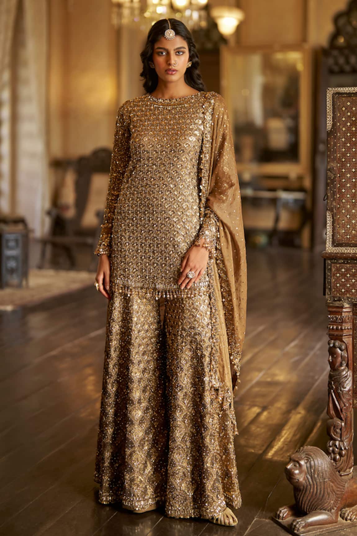 Seema Gujral Antique Gold Sequin Embroidered Sharara Set 
