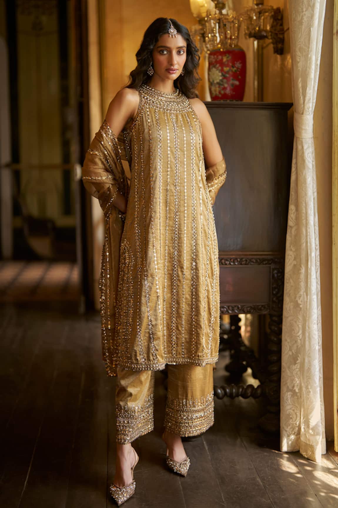 Seema Gujral Antique Gold Embroidered Kurta Pant Set 